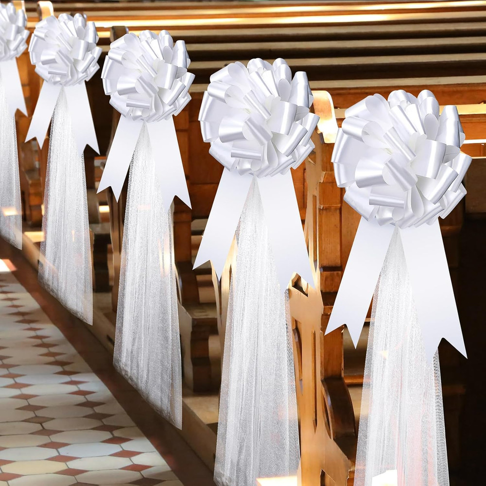 30 Set Large Wedding Pew Bows Wedding Aisle Decorations with 47″ Fabric Tulle Ch