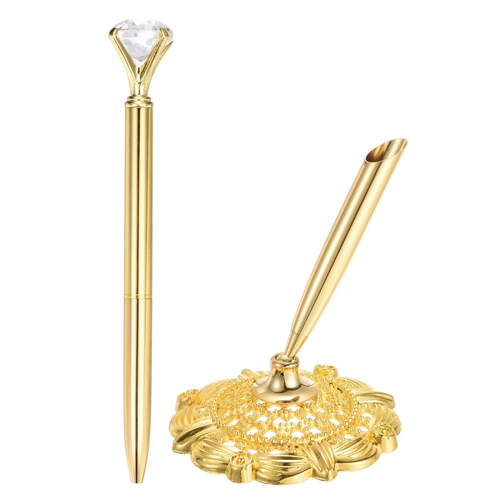 1 Pcs Hollow Round Pen Holder Signing Pen Set Big Crystal Diamond, Gold Tone