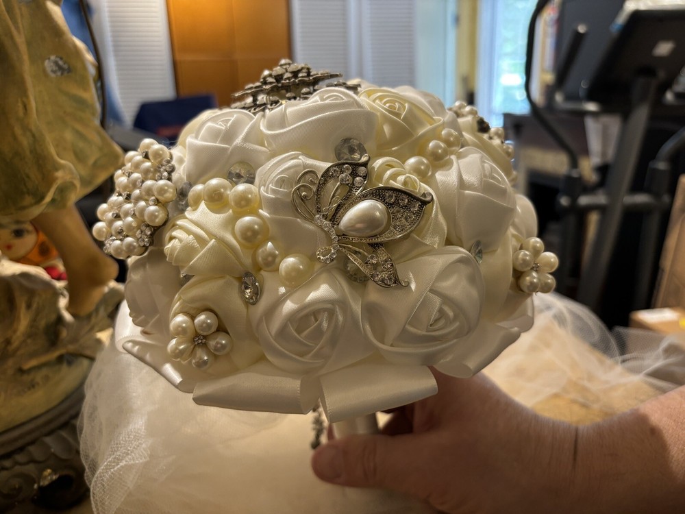 (3) Vintage Handmade Satin Wedding Bouquets Floral With Stones