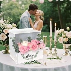 Wooden Wedding Card Box with Flower Trough, White Gift Card Box for Wedding w…