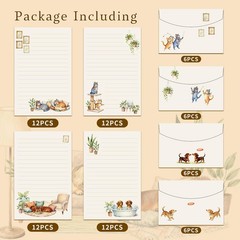 72 Pieces Cute Cat and Dog Writing Paper Envelopes, Half letter Beige