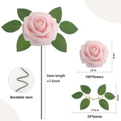 100PCS Light Pink Foam Roses with Bendable Stems & 24 Leaves – Wedding, Home, Pa