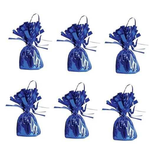 Metallic Wrapped Balloon Weights, Set of 6, Blue Party Decorations with Loop
