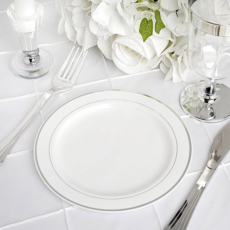 Plastic WHITE with Silver Rim 6″ PLATES Disposable Party Wedding WHOLESALE