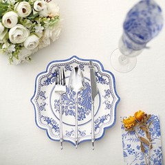25 WHITE 8″ Paper Dessert PLATES BLUE Floral Print Scalloped Rim Party Events