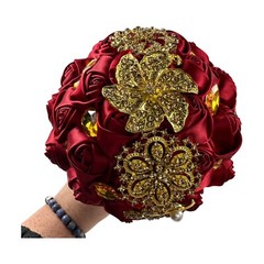 Luxury Red / gold accent Bridal Wedding Bouquet Satin Rose Rhinestone