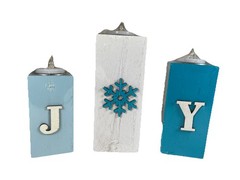 Charming Winter Wooden Tea Light Candle Holders JOY Snowflake w/Tea Lights NEW