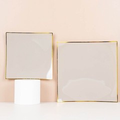 10 TAUPE 8″ Square Concave Plastic Salad Dinner PLATES Gold Rim Party Events