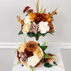 Terracotta Ivory Rose Bridal Bouquet Bridesmaid Boutonniere Bud Vase Wedding Set