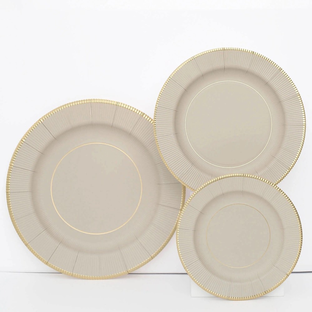 25 TAUPE 8″ Metallic Round Paper Salad DINNER PLATES Textured Rim Party Supplies