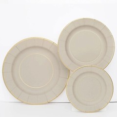 25 TAUPE 8″ Metallic Round Paper Salad DINNER PLATES Textured Rim Party Supplies