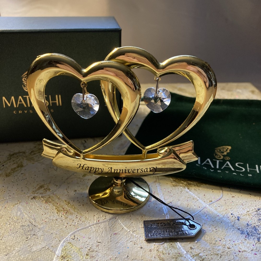 24k Gold Plated Happy Anniversary Heart Ornament Made w/Genuine Matashi Crystals