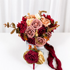 Burgundy Gold Mauve Pink Silk Rose Dahlia Bridal Bouquet Boutonniere Wedding Set