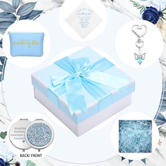 Something Blue Wedding Gift Set – Embroidered Handkerchief Angel Bouquet Charm B