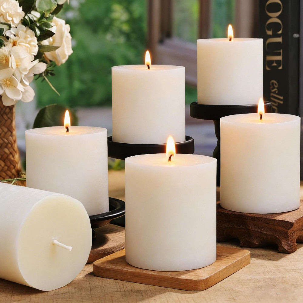 Ginitiri Ivory Rustic Textured Soy Pillar Candles 2.8X3 In Natural Unscented