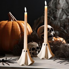 Conelist 2 Pcs Halloween Ghost Candlestick Holders Cute white, black