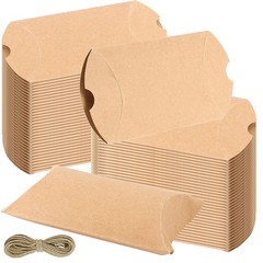 150 Pack Large Kraft Pillow Boxes 5×3.5″ with Jute Twine – Party Favor, Wedding,