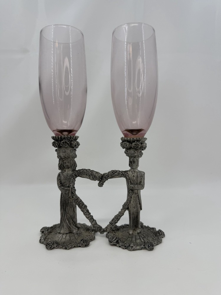 Ballena Bay Renaissance Bride Groom Toasting Flutes Pewter Heart Amethyst Glass