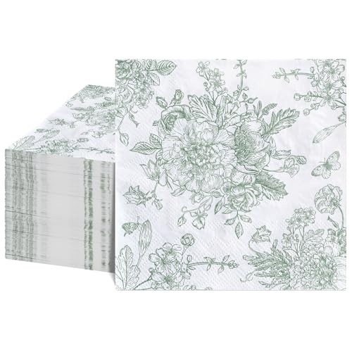 100 Pcs Floral Napkins, Green and White Toile Napkin Wedding Sage Green