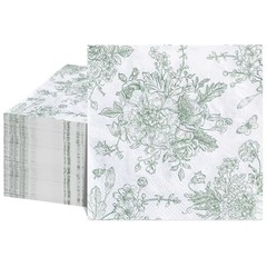 100 Pcs Floral Napkins, Green and White Toile Napkin Wedding Sage Green
