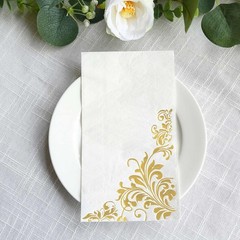 50 White Disposable Paper Napkins with Gold Baroque 16″, and