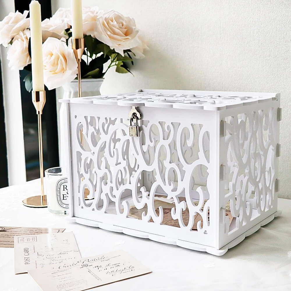 Wedding Card Box PVC Hollow Wedding Envelope Box with Lock and Card Sign Upgr.