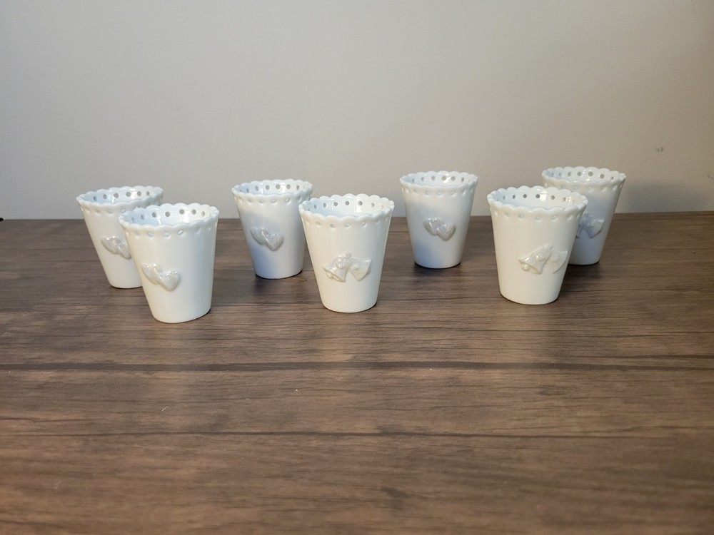 White Porcelain Wedding Favor Cups with Hearts and Bells Lot of 7