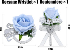 2Pcs Light Blue Rose Corsage and Men Boutonniere Set Women Wristlet Band Wrist B