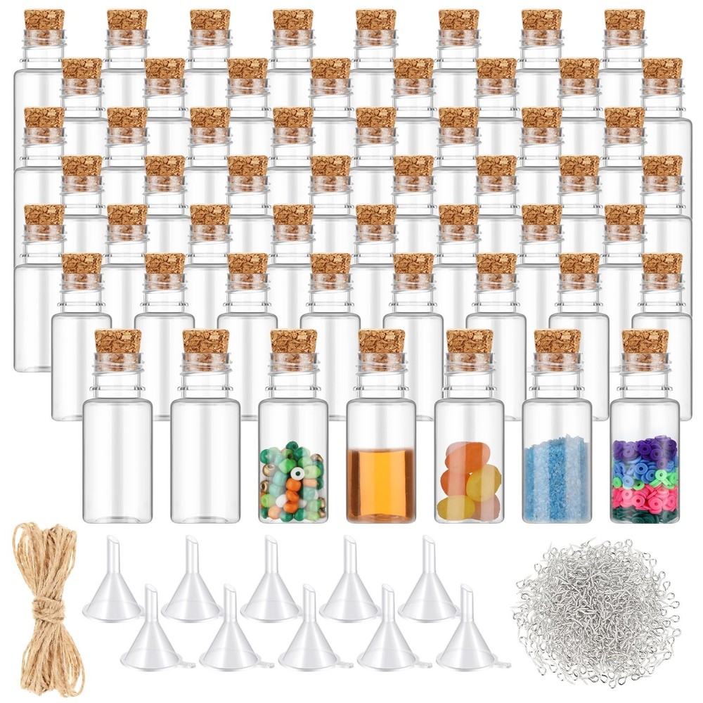 Bokon 50 Packs Mini Plastic Bottles with Corks Stoppers 1 x 2.28 Inch, Clear