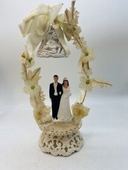 Vintage 1940s 1950s Wedding Cake Topper Bride Groom Bell Fabric Flower Arch