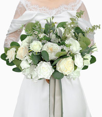 14″ White Bridal Bouquet – Rustic Vintage Wedding & Anniversary Flowers