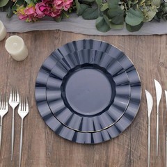 10 NAVY BLUE 9″ Round PLASTIC Salad Dinner PLATES Gold Wavy Rim Wedding Party