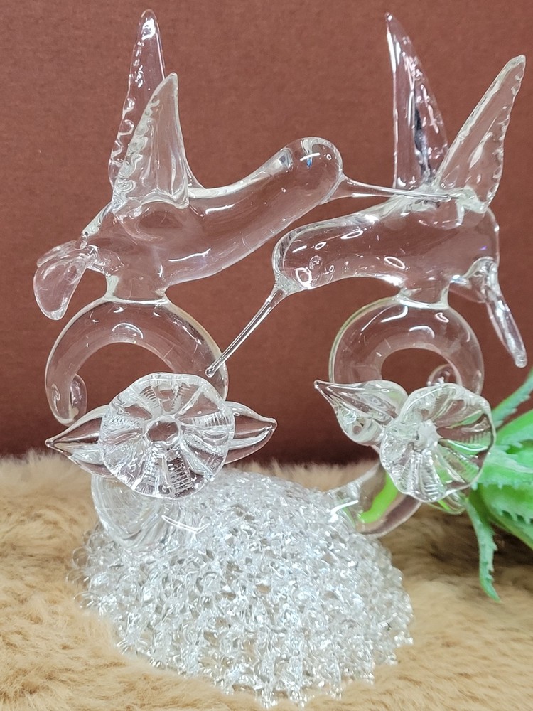Vintage Spun Glass Hummingbirds Figurine Wedding Cake Topper Murano Style Birds