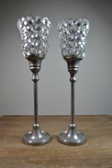 Silver Tone Crystal Stem Jeweled Votives Chalice Candleholders Set Of 2 Beads