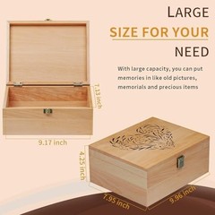 Wooden Memory Keepsake Box, Floral Heart Engraved 9.8″L x 7.8″W x 4.1″H Khaki