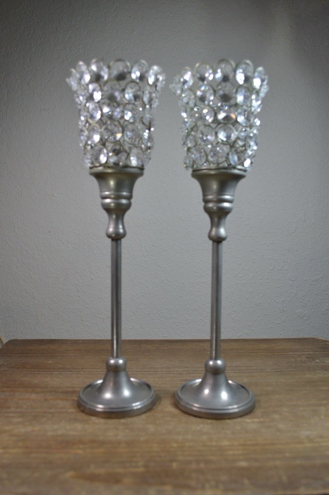 Silver Tone Crystal Stem Jeweled Votives Chalice Candleholders Set Of 2 Beads