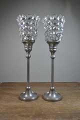Silver Tone Crystal Stem Jeweled Votives Chalice Candleholders Set Of 2 Beads