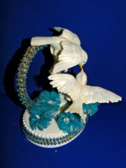 New Elegant Handmade Aqua & Gold Rhinestones Kissing Love Birds Cake topper #152