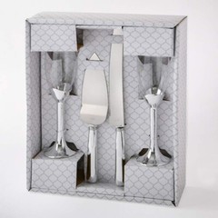 Silver Tone Champagne Flutes and Cake Server Set Engagement gift for Couples