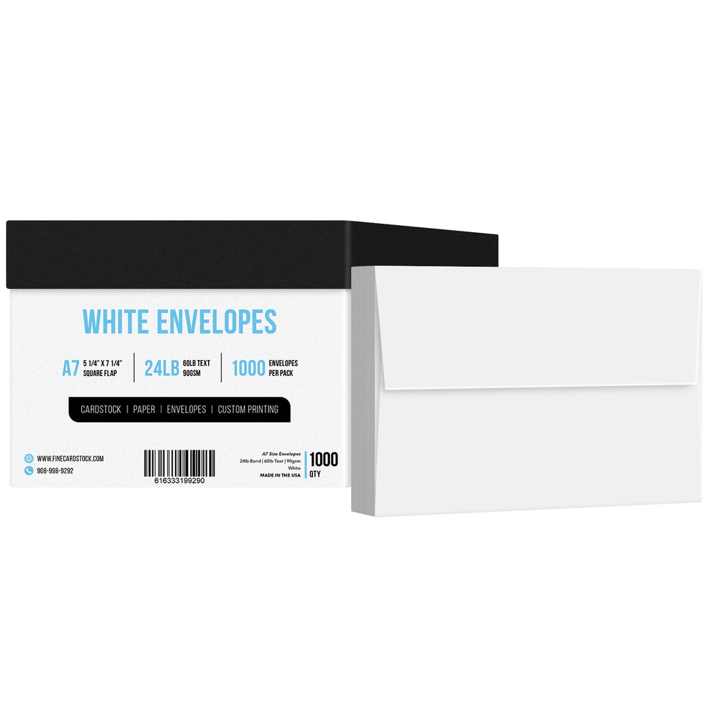 A7 Envelopes, 5 1/4 x 7 1/4, 24lb (90gsm), White, Gummed Square Flap, 1000 Qty