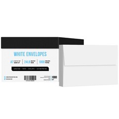 A7 Envelopes, 5 1/4 x 7 1/4, 24lb (90gsm), White, Gummed Square Flap, 1000 Qty
