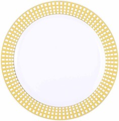50pk 7.5″ White Round Plastic Plates GOLD PLAID Trim Disposable Party Reception