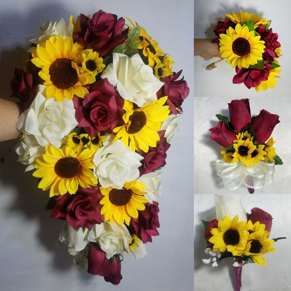 Burgundy Ivory Rose Sunflower Bridal Wedding Bouquet Accessories