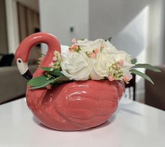 Wedding Centerpiece, Flamingo Table Decor with Bouquet of White Mini Roses