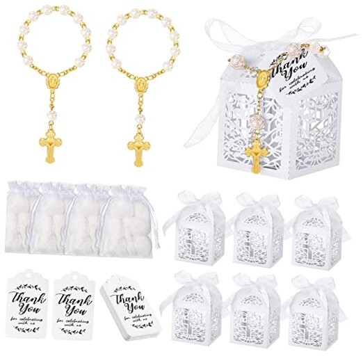 100 Pieces Baptism Favors Set Includes 25 Pieces Mini Rosary, Laser Cut Gold