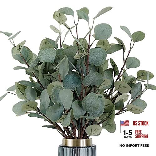 HinyoCo 6 Pcs 35″ Tall Stems Artificial Eucalyptus Leaves – Silver