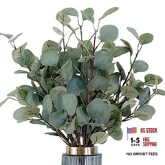 HinyoCo 6 Pcs 35″ Tall Stems Artificial Eucalyptus Leaves – Silver