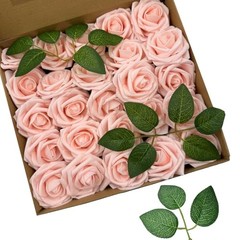 25pcs Realistic Pink Foam Roses with Imitation Flower Pure Color Series-pink