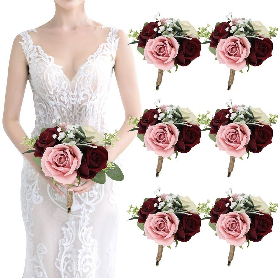 Wedding Bridesmaids Bouquets Set of 6 – 7 Inch Artificial Flowers Bouquets for B