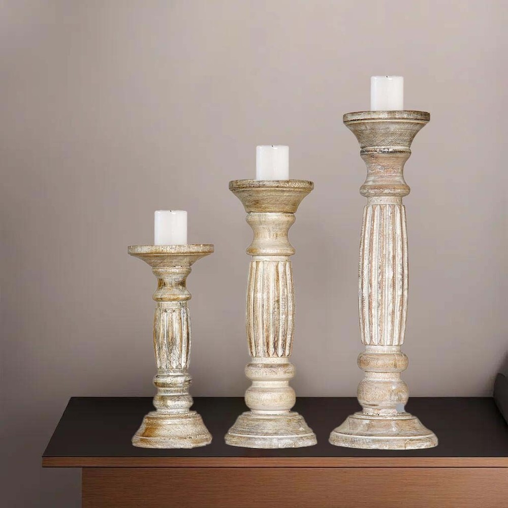 Handmade Eco-Friendly Antique White Mango Wood Set Of Three Pillar Candle Holder